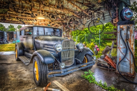 Old Roadster - bikes, car, hdr, roadster, gas pump