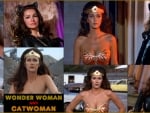 Actresses Julie Newmar as Catwoman and Lynda Carter as Wonder Woman