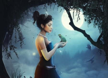 The princess and the frog - moon, tiana, girl, fantasy, princess, disney, luminos, luna, hosne qanadelo, frog