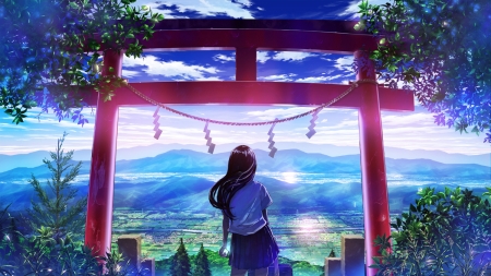 Village View - anime, scenery, orginal, girl, village, japan, view, torii, art, japanese