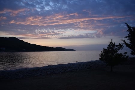 beautiful seaside - beautiful, blue, clouds, garden, island, nature, sea, sky, sun, sunset, tree