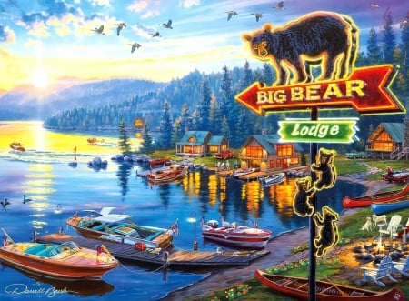 Big Bear Lodge - resorts, summer, attractions in dreams, canoes, paintings, bears, boats, nature, cabins, mountains, lakes, love four seasons