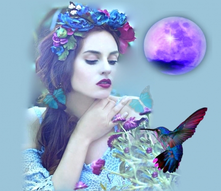 Floral Wreath - blue, colorful, etheral women, vibrant, the WOW factor, Blue and Purplish Pink Headdress, purple, butterflies, hummer, purplish pink, moon, vivid, humming bird, bright, bold, flowers