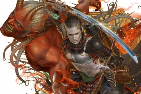 Demon - sword, horns, fantasy, red, man, luminos