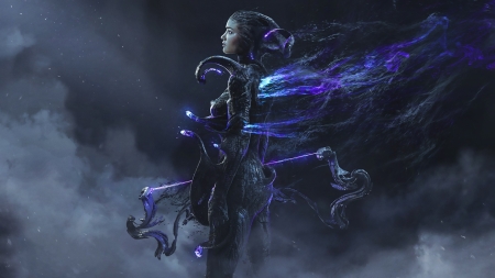 Pulsar Hunter - blue, antoine collignon, pulsar hunter, blsck, fantasy, girl, luminos