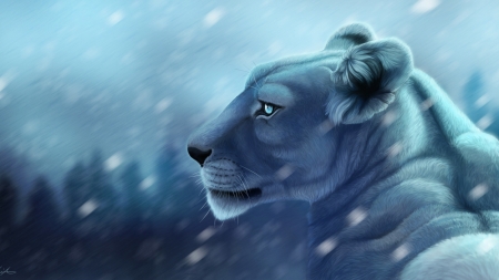 Lioness - winter, blue, leu, snow, fantasy, animal, iarna, golphee, lion, luminos