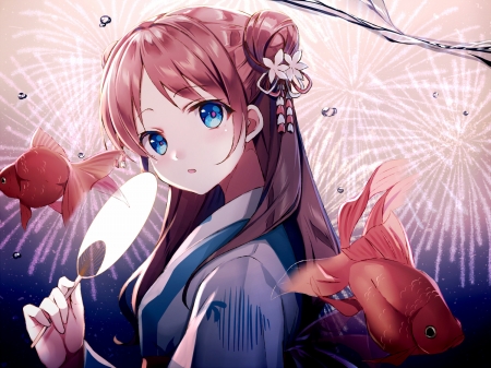 :-) - blue, kimono, peste, girl, hand fan, anime, red, fumio, fish, manga