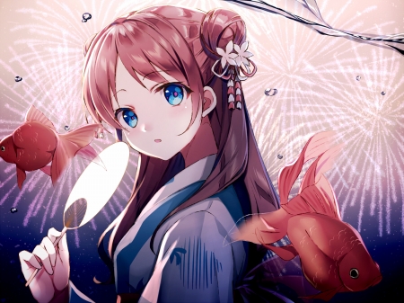 :-) - hand fan, anime, peste, fumio, blue, girl, kimono, manga, red, fish