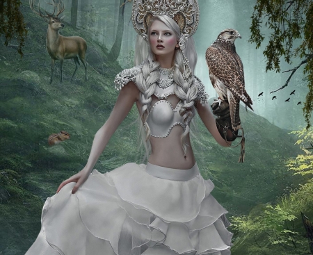 ENCHANTED FOREST - animals, bird, deer, enchanted, female, forest