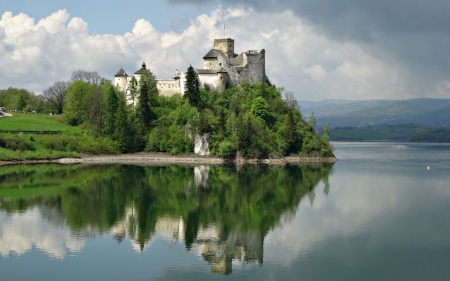 Niedzica Castle, Poland - calm, clouds, Poalnd, lake, reflection, castle