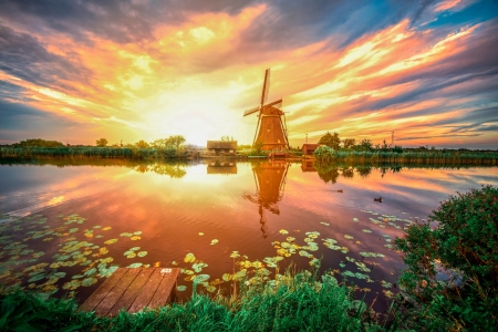 Windmill in the Netherlands - reflections, clouds, river, sunset, water, sun, sky