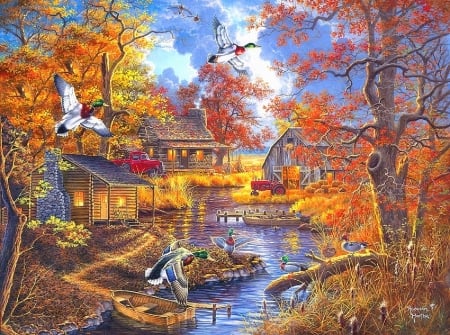 BAYOU HAVEN - birds, attractions in dreams, rivers, streams, paintings, fall season, colorful, nature, autumn, cabins, cottages, lakes, love four seasons