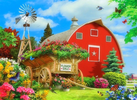 Flower Sale - birds, summer, attractions in dreams, butterflies, paintings, wagon, barns, flowers, nature, garden, love four seasons