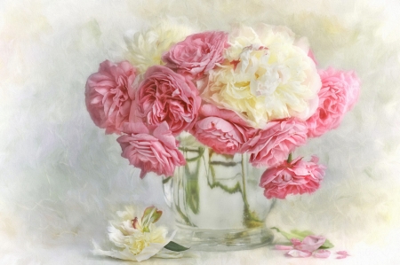 Roses - still life, rose, pink, white, vase, glass