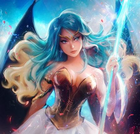 Goddess - blue, fantasy, luminos, girl, rossdraws, goddess