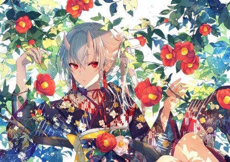 Demon - manga, anime, red, kimono, tagme, flower, demon, horns