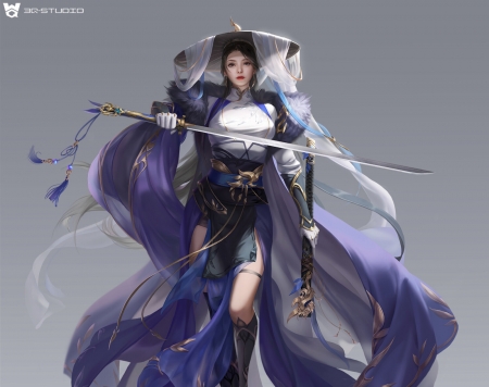 Fantasy girl - blue, sword, grey, asian, girl, 3q studio, fantasy, luminos, hat