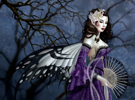 COURT BEAUTY - dress, fairy, fan, female, purple, wings