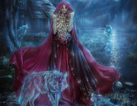 RED RIDING HOOD - blond, cloak, female, forest, ghostly, red, wolves