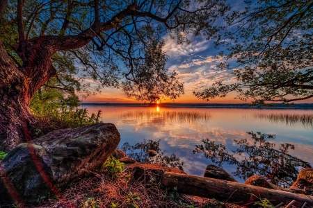 Amazing Sunset - lake, reflections, sky, stone, trees
