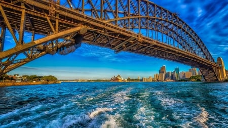 Sydney, Harbor Bridge - construction, sea, opera, city, buildings, australia