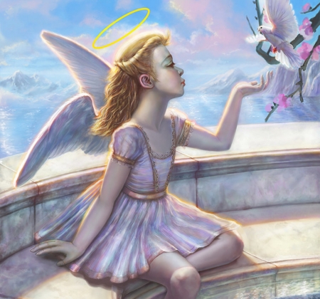 Angel - blue, angel, huili, spring, flower, wings, frumusete, white, dove, bird, art, girl, pink, fantasy, hui li, luminos, pasari