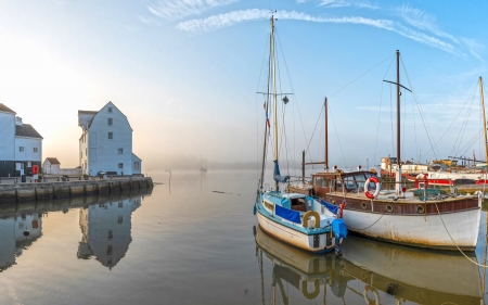 Harbor in England - calm, river, England, mist, yachts, harbor, reflection, sailboats