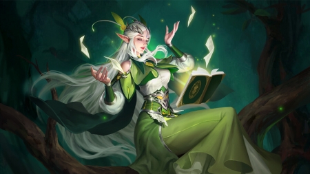 Sorceress - sorceress, book, girl, t0t0r0, elf, frumusete, fantasy, green, luminos