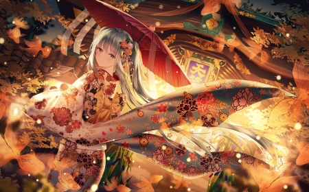 Hatsune Miku - umbrella, kimono, peste, junpaku karen, pesti, autumn, fish, water, toamna, rain, hatsune miku, parasol, girl, orange, wind, anime, leaf