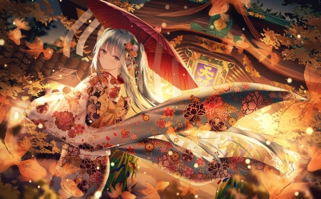 Hatsune Miku - anime, junpaku karen, hatsune miku, umbrella, parasol, rain, peste, water, girl, kimono, orange, wind, toamna, autumn, pesti, leaf, fish