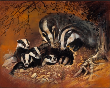 Badgers - black, cub, badgers, art, polyanna pickering, cute, orange, family, bursuc, painting, pictura