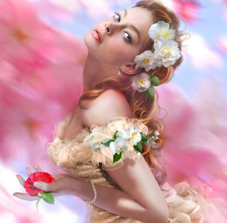 Beauty - woman, beauty, redhead, female, roses, eyes, rose, elegant, fantasy, face, watercolors, painting, art, flowers in hair, pretty, clouds, serene, girl, wallpaper, drawing, lovely, pink, beautiful, digital, flowers, camelia, dress