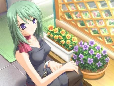 Green Hair Girl - girl, female, anime, green, anime girl, cute, flower