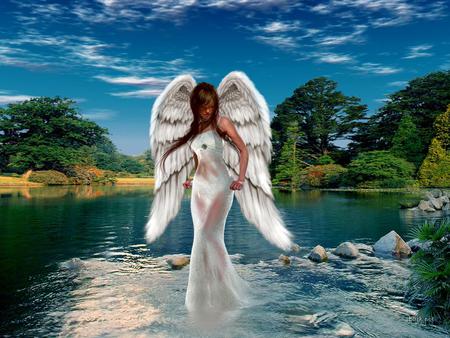 Angel - abstract, trees, fantasy, water, ange, sky