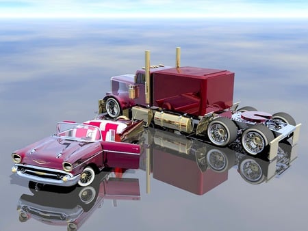 18wheeler and a 1957 Chevy - cars, trucks