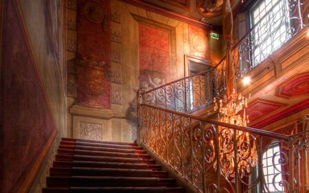 beautiful stairs - wood, red, light, house, elegant, gold