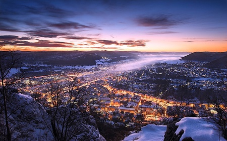 Silence Night City With Mist - warm, blue, amazing, brightness, beauty, lovely, fascinating