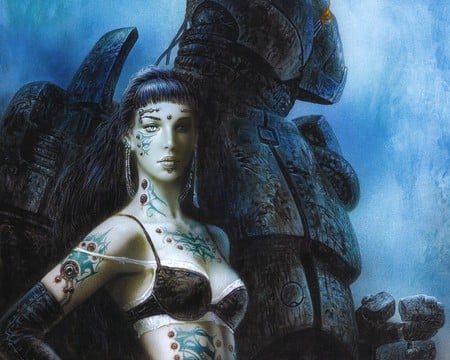 Luis Royo - black, woman, eyes, face, beautyful, art