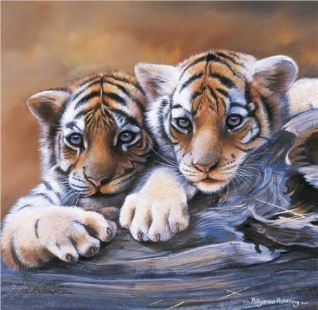 Tiger cubs - tiger, cub, art, polyanna pickering, cute, painting, pictura, couple, paw