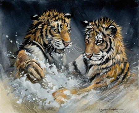 Playful tiger cubs - tiger, cub, painting, art, pictura, polyanna pickering, couple, water