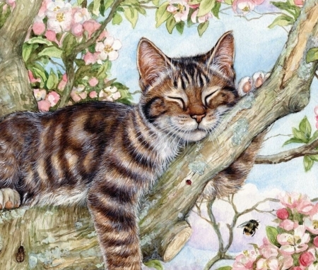 Cat - pictura, polyanna pickering, painting, pisici, spring, art, tree, cat