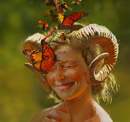 Bliss - art, horns, smile, girl, orange, butterfly, fantasy, green, face, luminos, bliss