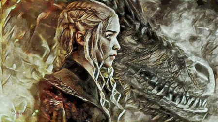 Daenerys - game of thrones, by cehenot, girl, cehenot, daenerys targaryen, Emilia Clarke, actress, pictura, dragon, painting, mother, art