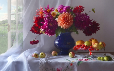 Still life with flowers - Window, Vase, Fruits, Flowers