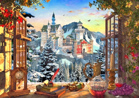 Mountain Castle - alps, artwork, digital, mountains, neuschwanstein, snow, window, winter