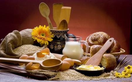 Bread Still Life - milk, still life, wooden, corn, meal, bread, eggs