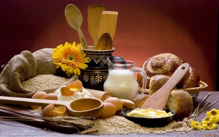 Bread Still Life - eggs, bread, milk, wooden, meal, corn, still life