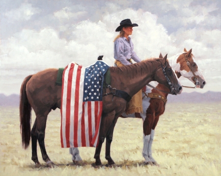American Cowgirl Art . . - cowgirl, brunettes, digital art, flag, horses, fantasy, americana, boots, western
