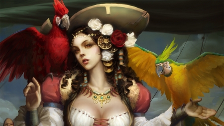 Gipsy pirate - doomwood digital media, bird, gipsy pirate, yellow, red, face, fantasygirl, luminos, pasari, parrot