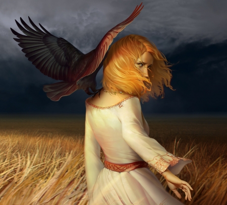 The storm - storm, bird, girl, blonde, dark, frumusete, pasari, fantasy, wind, wings, sophie medvedeva, luminos